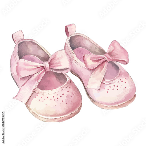 Watercolor Pink Baby Booties with Bows Vector Illustration, New Baby Girl Shoes
