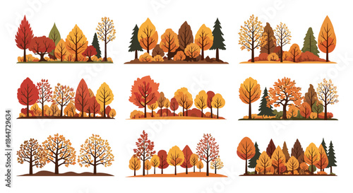 Autumn forest rows showcase vibrant maples oaks and pines in warm orange red and yellow hues across three decorative landscape scenes.