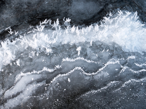 Ice crystals formed at freezing lake