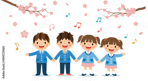 Children hold hands and sing together under blooming cherry blossoms during a joyful spring festival outdoors with friends.