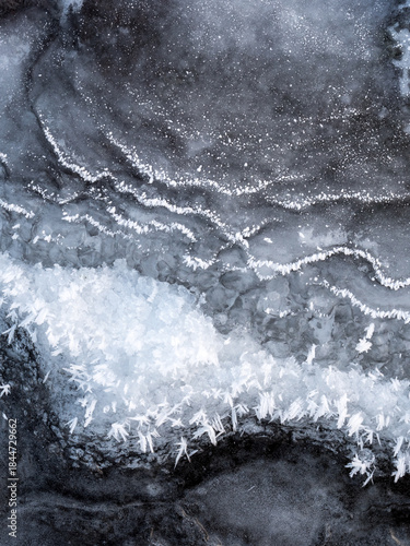 Ice crystals formed at freezing lake