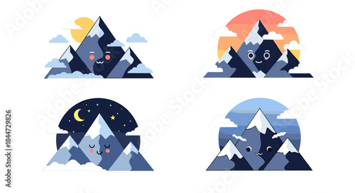 Playful mountain landscapes featuring friendly faces on snowy peaks under sun and moon in a whimsical alpine scene collection.