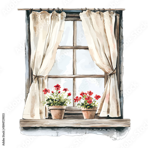 Watercolor Rustic Wooden Window with Red Geranium Flowers Vector Illustration
