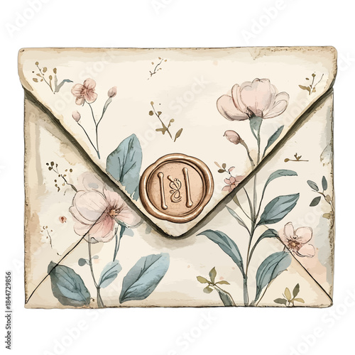 Vintage Floral Envelope with Wax Seal Vector Illustration, Watercolor Invitation Art
