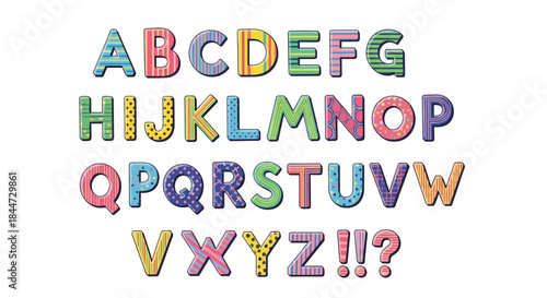 Colorful cartoon alphabet letters with playful patterns and textures arranged in four rows to create a vibrant educational decorative display.