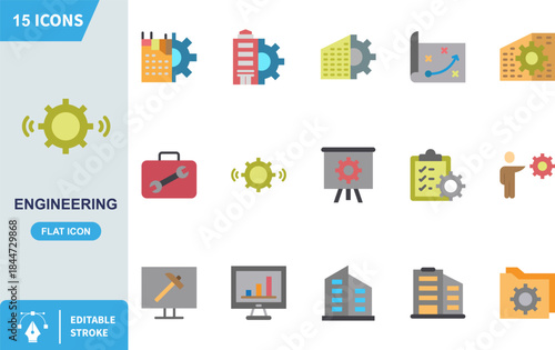 Collection of fifteen flat design engineering icons representing industry concepts like construction machinery tools and technical development on white background