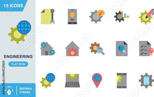 Set of fifteen flat design engineering icons representing global technology development maintenance and analysis concepts on white background