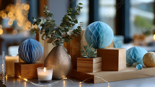 Sustainable corporate desk setup with blue recycled paper ornaments, natural wood elements, minimal festive styling, clean eco-conscious holiday concept