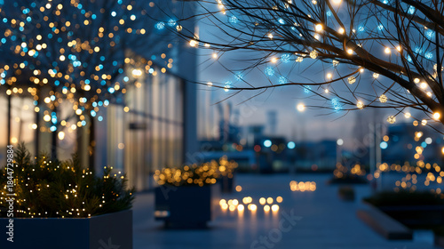 Urban winter evening scene with blue-toned Christmas lights, modern city architecture, subtle festive decorations, cinematic and clean composition