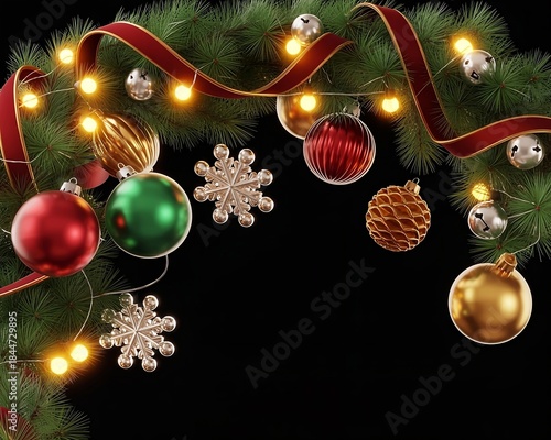 Christmas decorations with lamps, garlands, and 3D objects on a dark black background