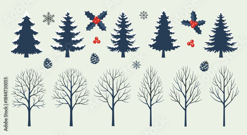 Tranquil winter landscape with evergreen and bare deciduous trees and pinecones and holly accents against a pale soft blue sky at dusk.