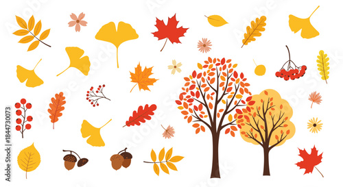 Autumn leaves drift around two colorful trees with red orange and yellow foliage creating a bright seasonal landscape full of warm tones.