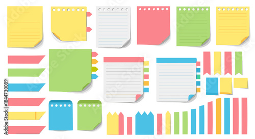 Bright arrays of sticky notes in yellow blue pink green and white decorate a clean workspace arranged in playful sequences for brainstorming and organization.