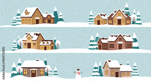 Winter village scene with snow covered roofs cozy houses pine trees and gentle snowfall creates a peaceful festive landscape across the snowy valley.