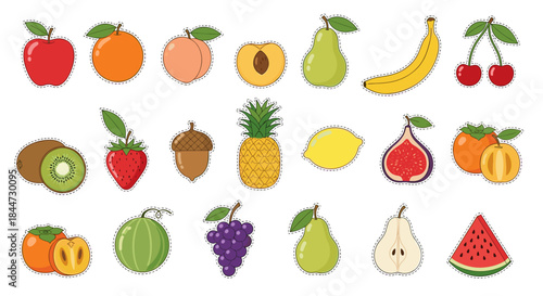 Colorful assortment of bright fruit stickers featuring apples oranges peaches pears bananas berries and citrus in a playful cutout style.
