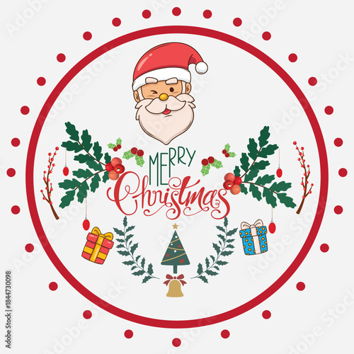 Colorful Christmas greeting illustration featuring Santa face, decorative wreath elements, gifts, and festive typography arranged in a circular frame, ideal for holiday cards, posters.