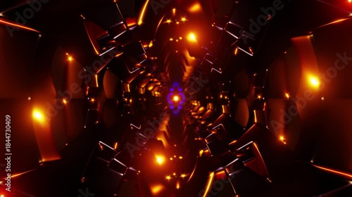 Tunnel kaleidoscope metal shards neon core glowing reflective psychedelic motion