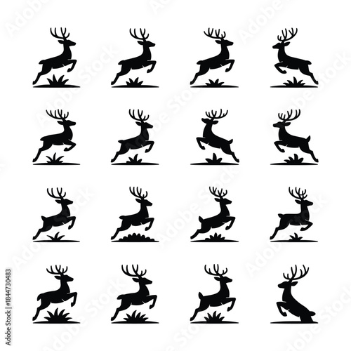 Sixteen black silhouette deer jumping over grass on white background leaping running