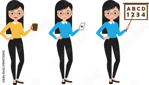Modern Flat Design Vector Set of Businesswoman and Educator Poses with Coffee Mug, Mobile Device, and Presentation Board. Vector Collection of Female Professional Poses.