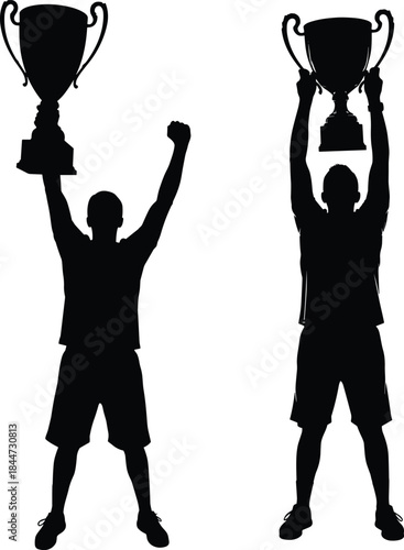 Two silhouette figures holding up trophies in victory