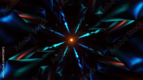 Abstract neon vortex tunnel with glowing starburst and metallic kaleidoscope