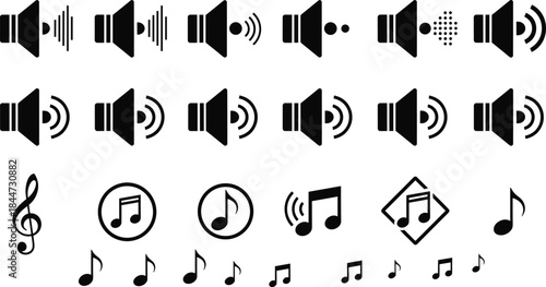 2026 sound and music icon set, speaker volume symbols, treble clef, musical notes, black vector clipart collection