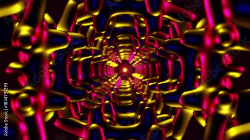 Abstract kaleidoscope tunnel of neon lights and metallic shapes rotating