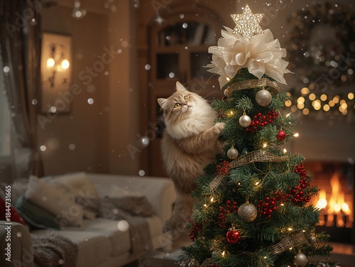 Cat Sitting Near Decorated Christmas Tree Indoors