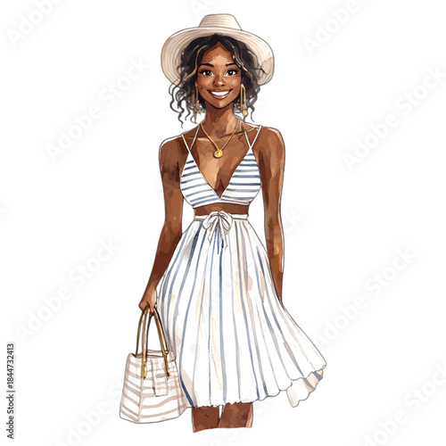 Beautiful African American Woman in Striped Summer Outfit and Hat Illustration
