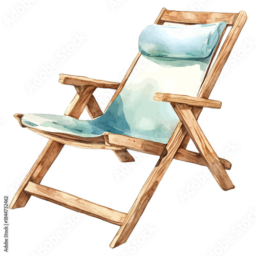 Watercolor Wooden Beach Chair with Blue Cushion
