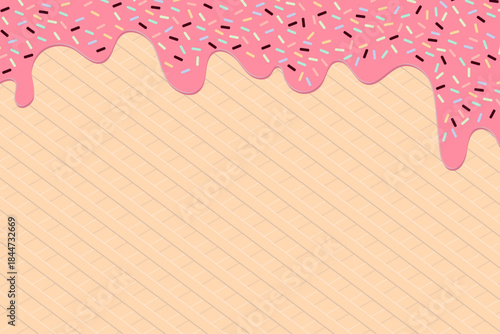 Sweet pink glaze drip border topped with colorful sprinkles, set on waffle background. Delightful vector illustration is perfect for dessert advertisements, bakery, sugary party invitations.