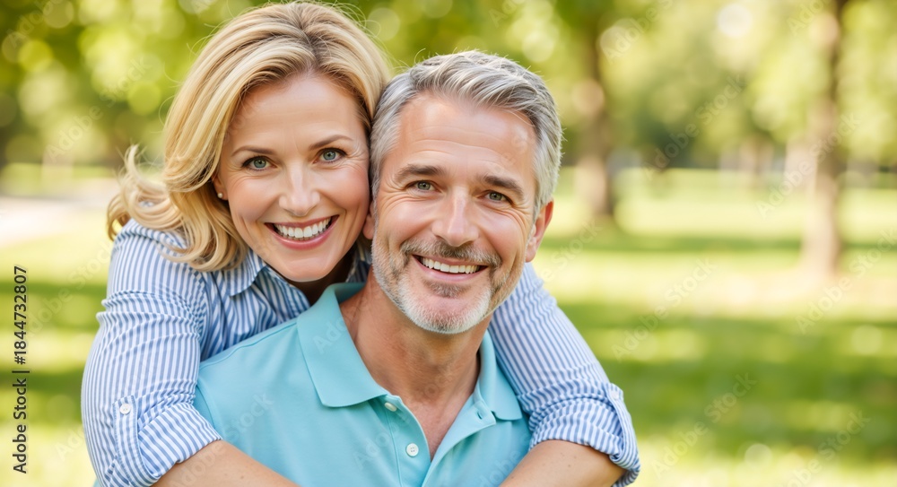 Naklejka premium Portrait of a happy mature couple enjoying a sunny day in the park. A smiling woman embraces her husband from behind
