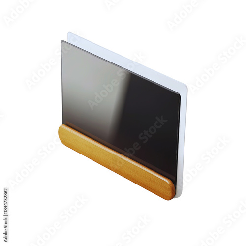 A translucent glass panel standing upright with a sleek wooden base on a plain dark background