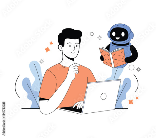 Ai robot assistant holding book and learning from data. Large language model training, neural network, algorithm optimization concept. Vector illustration. 
