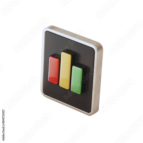 A vibrant three bar chart with red yellow and green segments displayed on a dark square