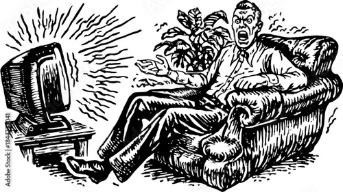 Man with a shocked expression sitting on a couch while watching TV. Black and white vector illustration capturing an indoor scenario.