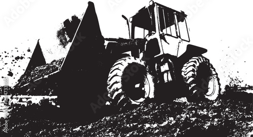Loader machine in black and white style. Heavy construction equipment vector illustration for industrial site work.