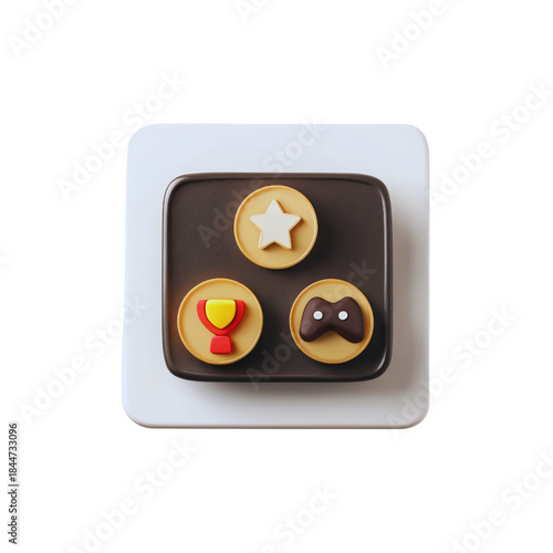 A white and black rounded square holds gold coins featuring a trophy, star, and game controller