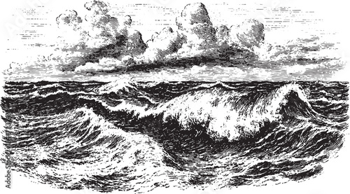 Ocean waves illustrated in black and white. A vector illustration of the sea and clouds, depicting texture and movement in nature.