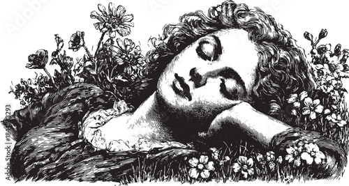 Sleeping woman in a vintage illustration surrounded by flowers. This detailed black and white vector illustration captures a serene moment in nature.