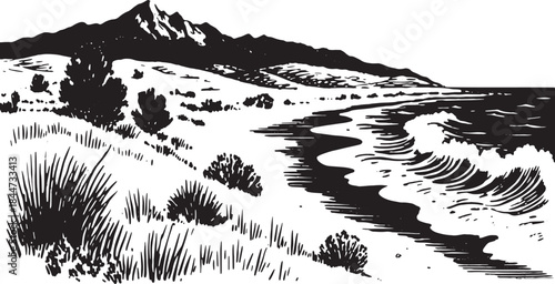 Black and white landscape vector illustration featuring mountains, a bay, and waves along the coast, showcasing serene natural scenery in a clear style.