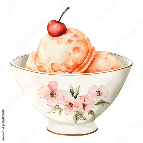 Watercolor Ice Cream Sundae in a Floral Bowl with a Cherry on Top
