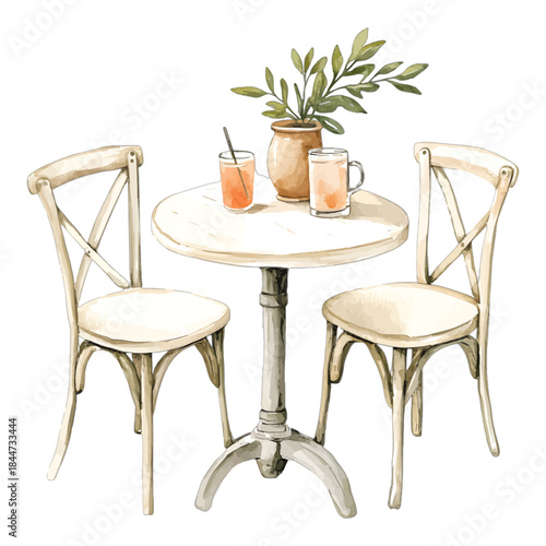 Charming Watercolor Bistro Table and Chairs with Drinks Illustration
