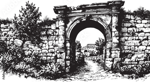Historic arch gate made of stone in a natural landscape. Vintage black and white vector illustration featuring detailed texture.
