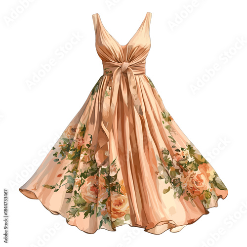 Elegant Vintage Floral Midi Dress Vector Illustration
