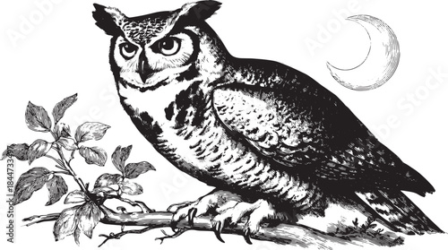 Owl illustrated in a vintage style. Realistic black and white wildlife vector illustration set on a branch under a moon.