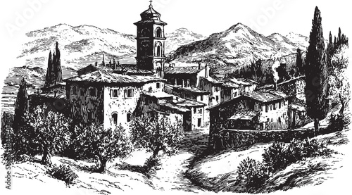 Black and white engraving of a village landscape. The illustration features houses, a tower, trees, and mountains in a classic rural setting. Vector art.