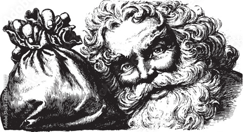 Vintage engraving of Santa Claus holding a bag. Black and white illustration featuring a classic holiday character in a retro vector design.