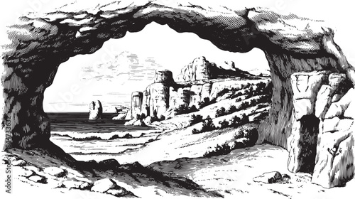 Cliffside landscape featuring a natural arch by the sea. This vintage vector illustration presents a scenic view of coastal rock formations and texture.