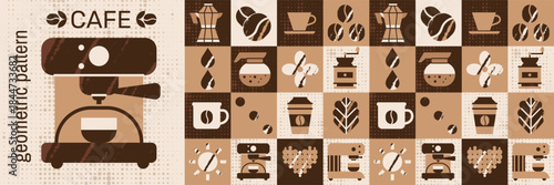 Geometric coffee pattern featuring cocktail tumbler coffeemaker and bakery mosaic.